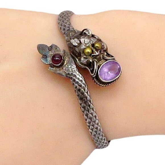 Vintage Sterling Silver Amethyst Snake Serpent Dragon Bangle/Cuff Style Bracelet - Picture 2 of 11